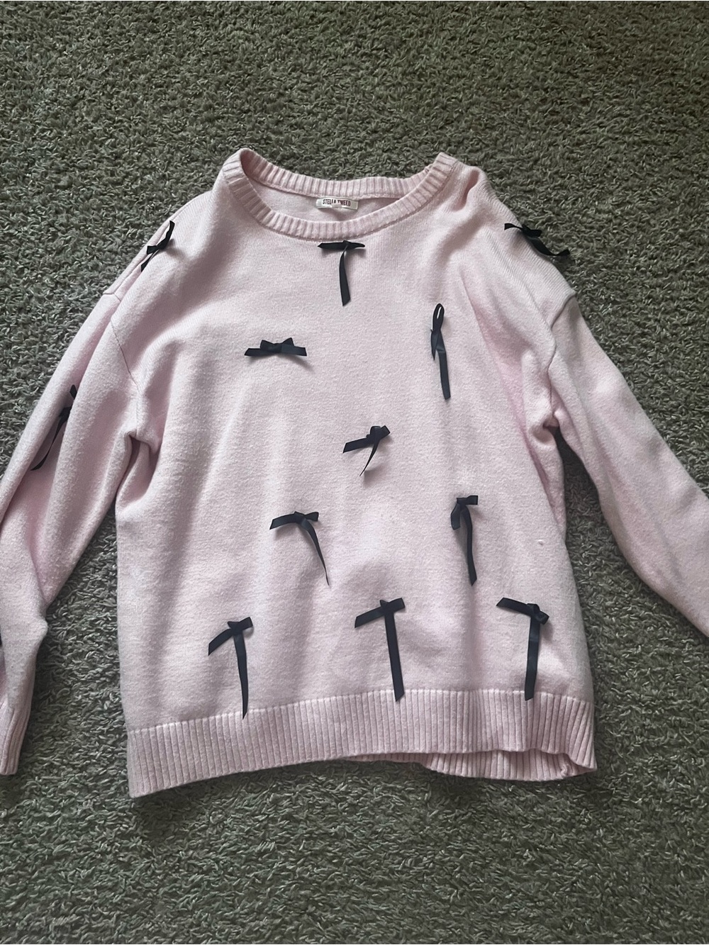 Stella Tweed Light Pink Crewneck Sweater with Black Ribbon Bows